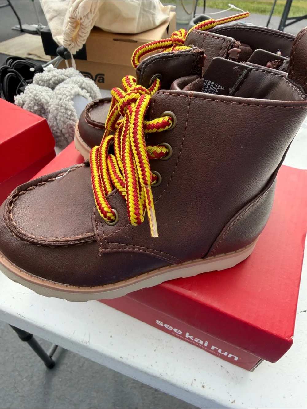 Cat & Jack Kids Brown Leather Boot with Yellow-Red Contrast Laces